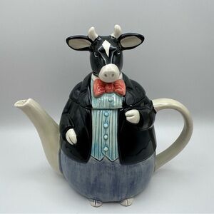 Vintage Otagiri Hand Painted Cow Teapot Japan Whimsical Farmhouse Bow Tie w/ Lid
